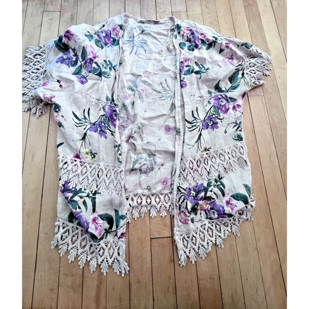 Valentina Naldi Linen Crochet Lace Kimono Cardigan Beige Floral One Size